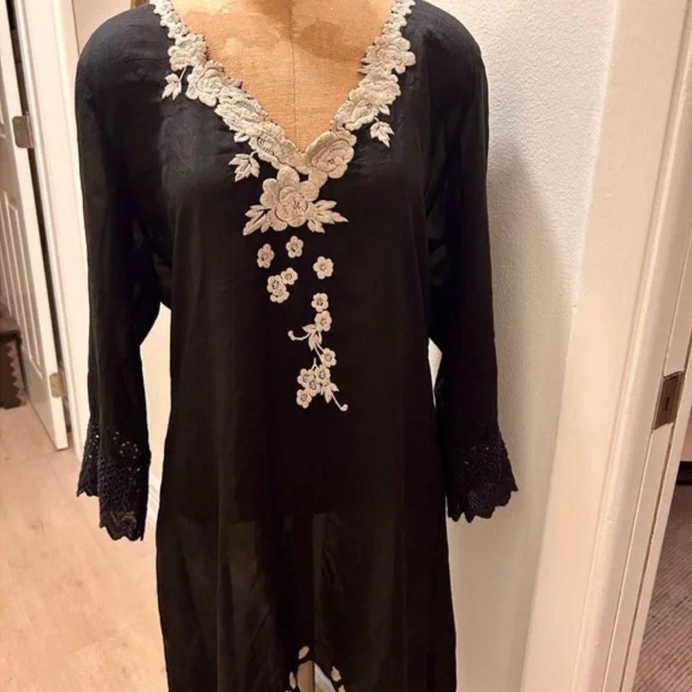 Johnny Was Black and Cream Tunic